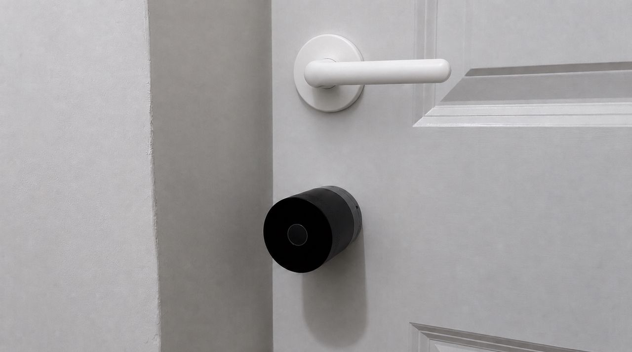 Yale Linus Smart Lock L2 Lite installed on door underneath door handle, with light off