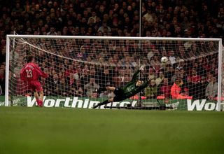 Liverpool's Jamie Carragher scores in the 2001 League Cup final penalty shootout