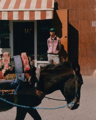 Man on Morocco street with horse in front