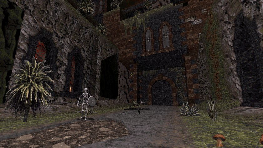 A skeleton approaches the player in a stone courtyard in Duke Nukem: Horror Castle.