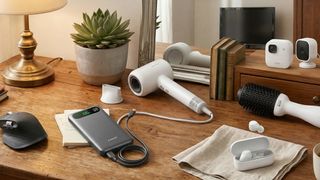 bedroom surface with assorted home tech