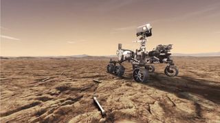 a wheeled rover with a camera on a neck-like appendage drives across a barren reddish-orange planet
