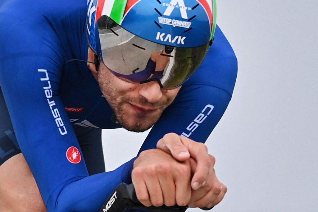 Italian Filippo Ganna of Ineos Grenadiers Team competes in the time trial race from KnokkeHeist to Brugge during the Mens Elite as part of the UCI World Championships Road Cycling Flanders 2021 in Bruges on September 19 2021 UCI World Championships Road Cycling Flanders 2021 takes place from September 19 until September 26 2021 in several cities in the Belgian region of Flanders Belgium OUT Photo by DAVID STOCKMAN BELGA AFP Belgium OUT Photo by DAVID STOCKMANBELGAAFP via Getty Images