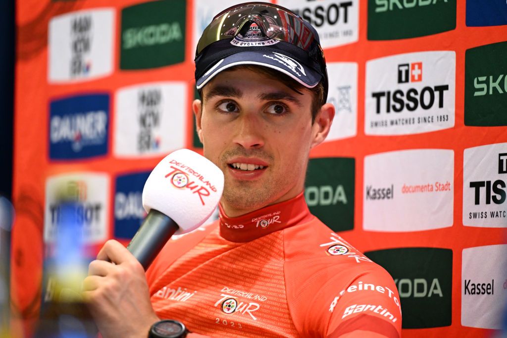 ST WENDEL GERMANY AUGUST 23 Ethan Vernon of The United Kingdom and Team Soudal Quick Step Red Leader Jersey meets the media press after the 38th Deutschland Tour 2023 Prologue a 23km individual time trial stage from Sankt Wendel to Sankt Wendel on August 23 2023 in St Wendel Germany Photo by Christian KasparBartkeGetty Images