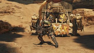 The player stood aiming the Light Bowgun in front of the training dummy in Monster Hunter Wilds.