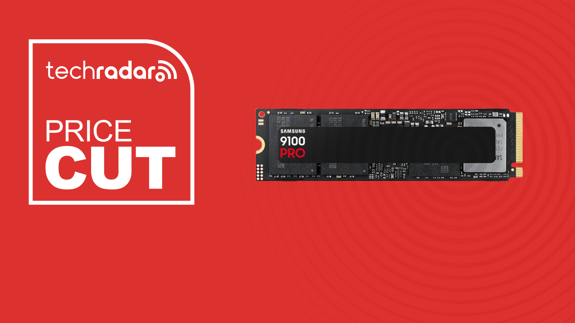 Samsung SSD 9100 PRO deal on a techradar background with wording &#039;price cut&#039;