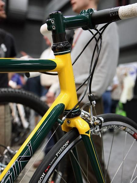The neat green and yellow paint on this Engin Cycles road racer almost looks like lugwork from the side.