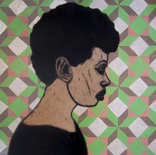 Painting of a woman from the side, geometric patterns in the background