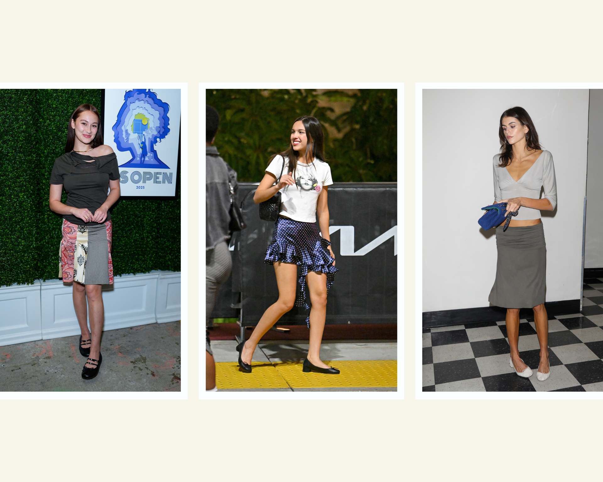 Photo collage of Gen Z celebrities wearing skirts and ballet flats.