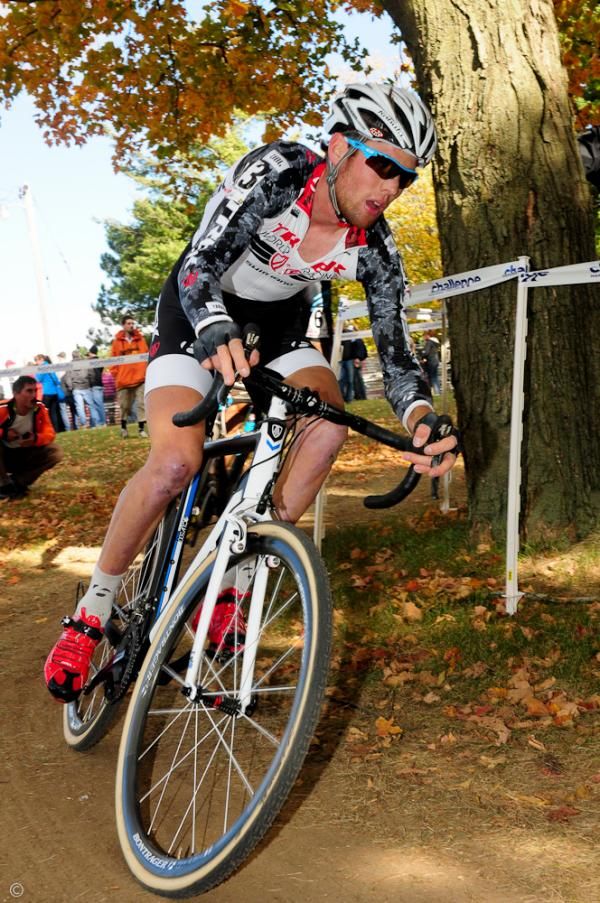Lukas Fl&uuml;ckiger (Trek World Team) rounding some tight corners in the woods