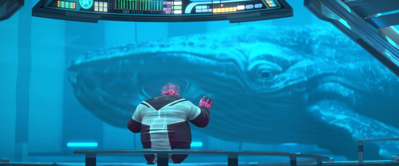 a large alien observes a giant whale behind glass