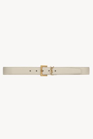 YSL Women's Cassandre Belt With Square Buckle in Shiny Box Saint Laurent Leather in Blanc Vintage