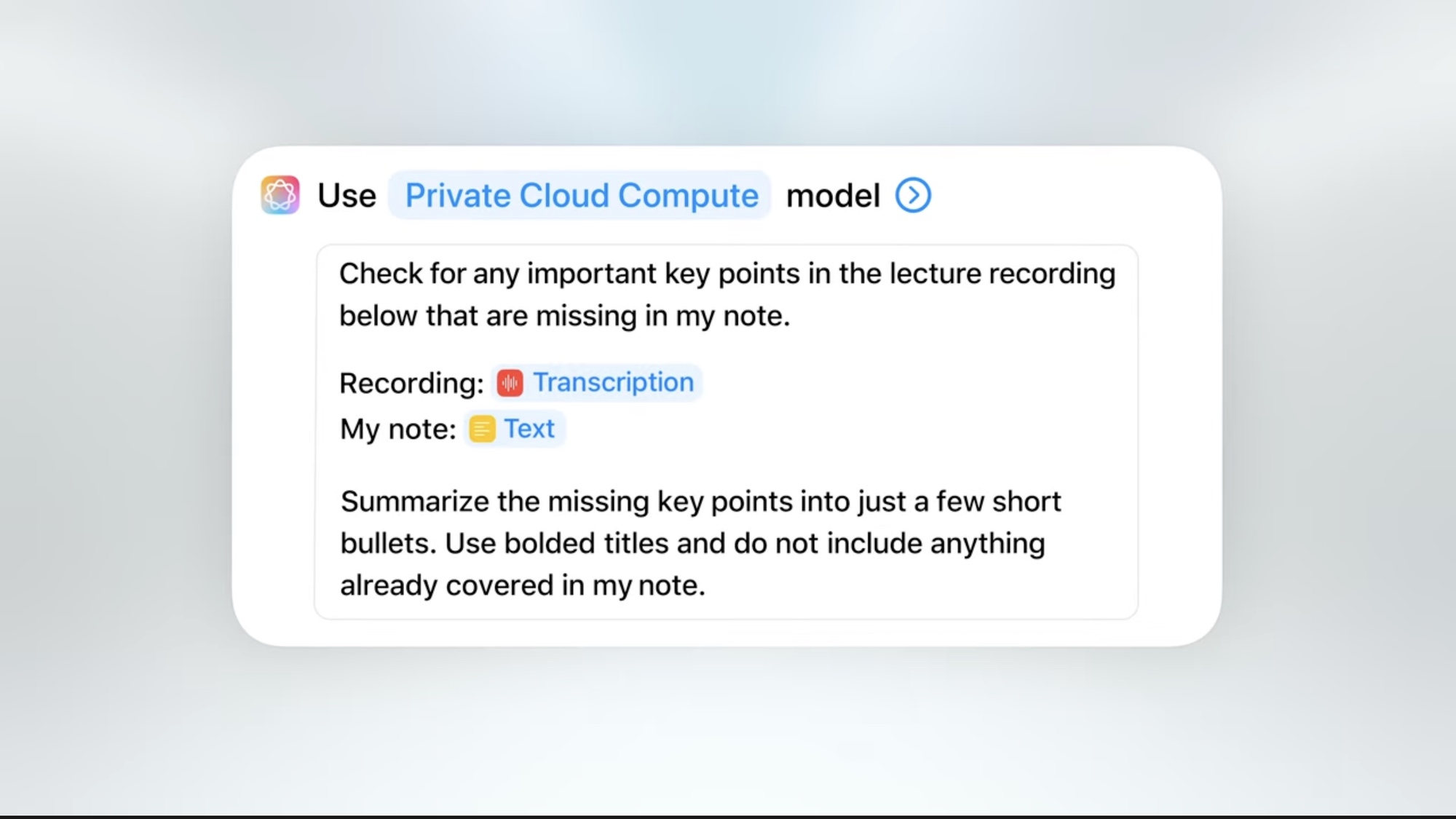 A shortcut built in macos 26 using private cloud compute