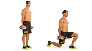 Man performs two positions of the dumbbell lunge