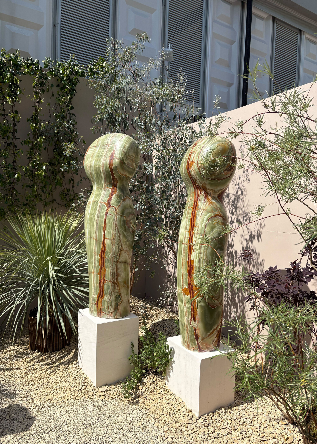 Paul Vanstone's exhibit at the Chelsea Flower Show 2025 featuring a pair of marble sculptures