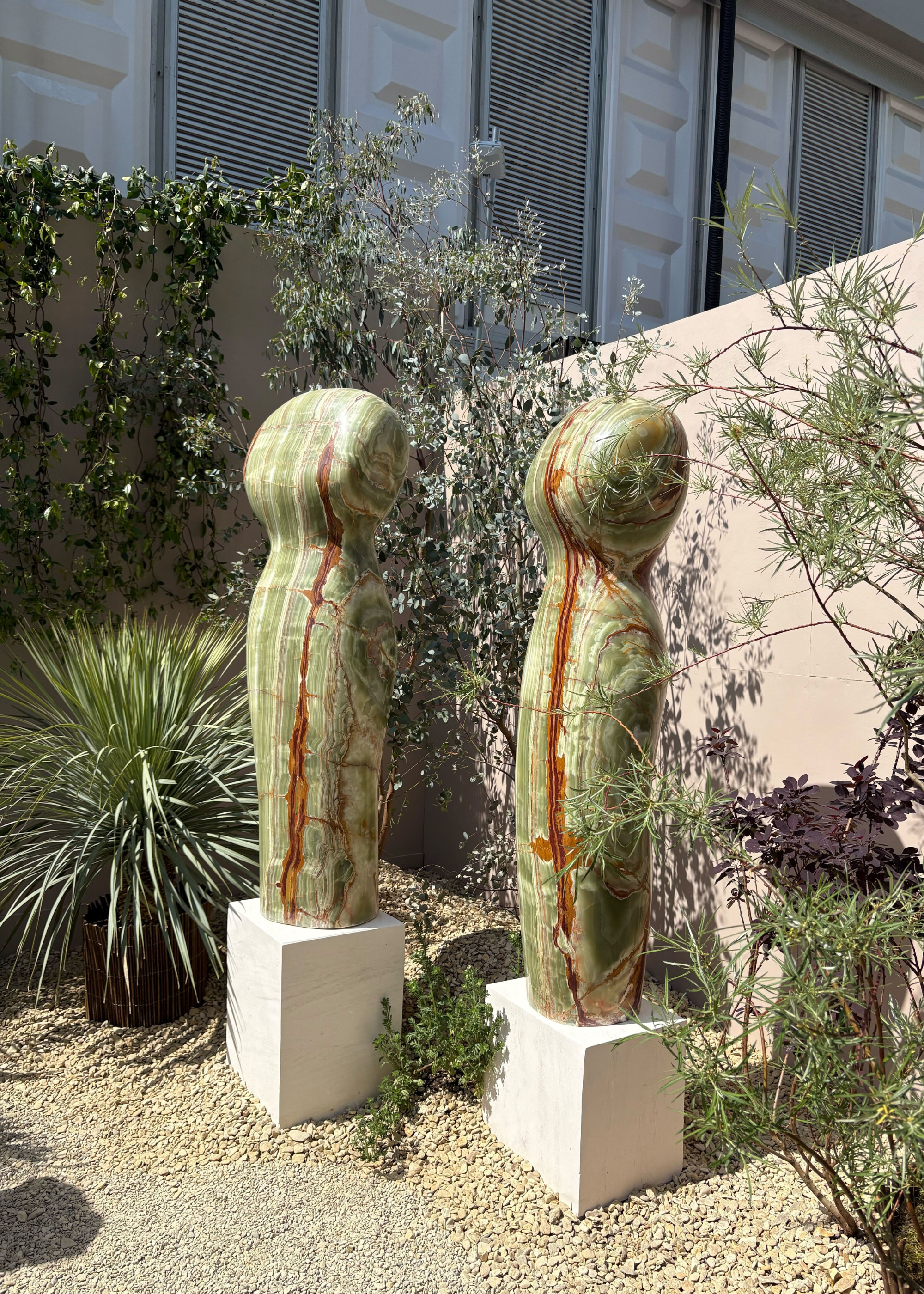 Paul Vanstone's exhibit at the Chelsea Flower Show 2025 featuring a pair of marble sculptures