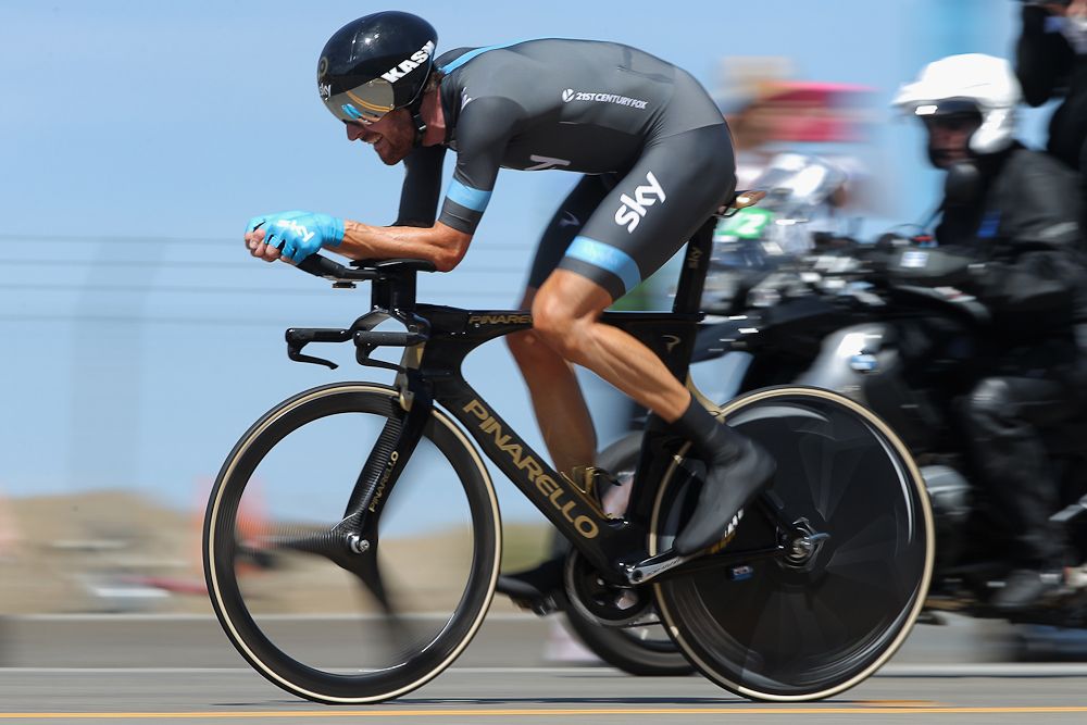 Bradley Wiggins flies over the roads of Folsom during the stage 3 time trial of the 2014 Tour of California.