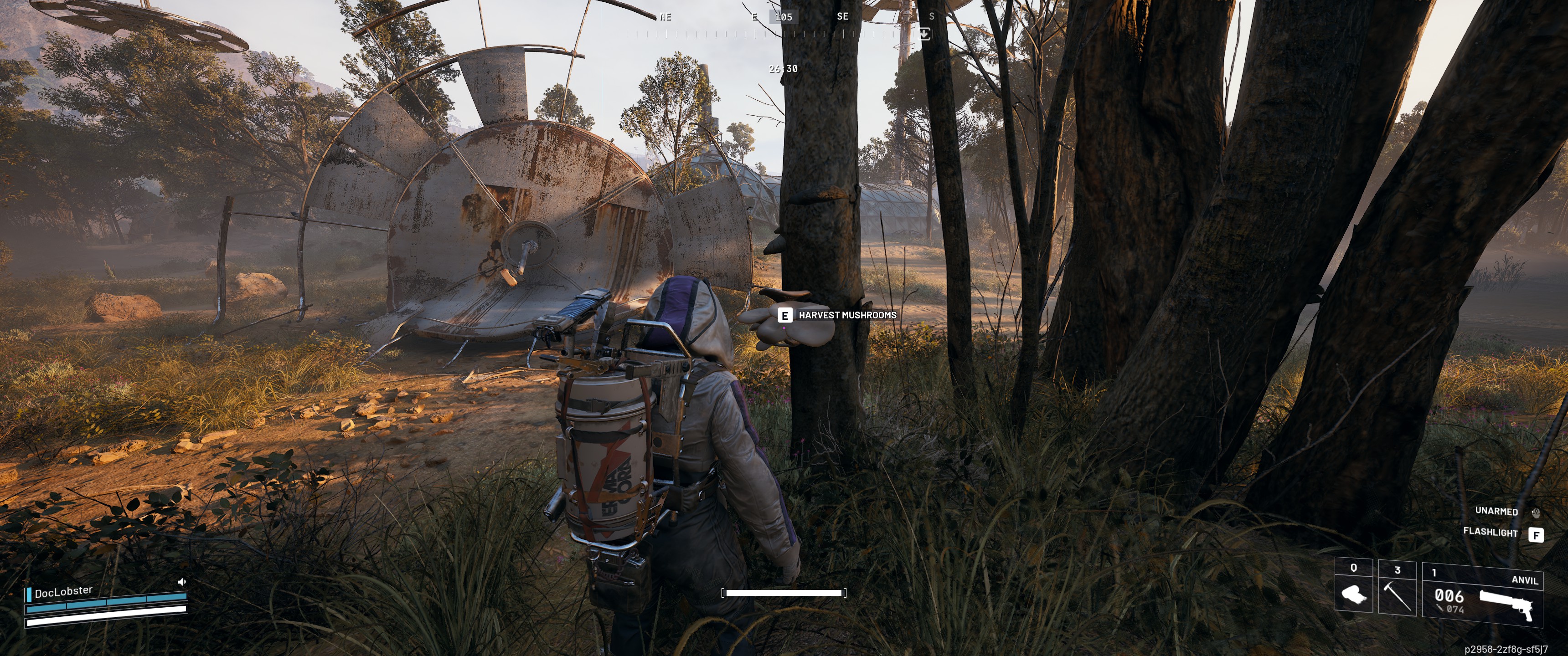 arc raiders astronaut character finding a mushroom in the swamp