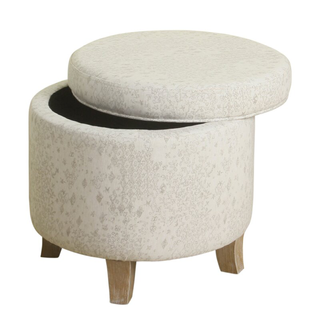 Upholstered patterned storage ottoman in a light neutral fabric