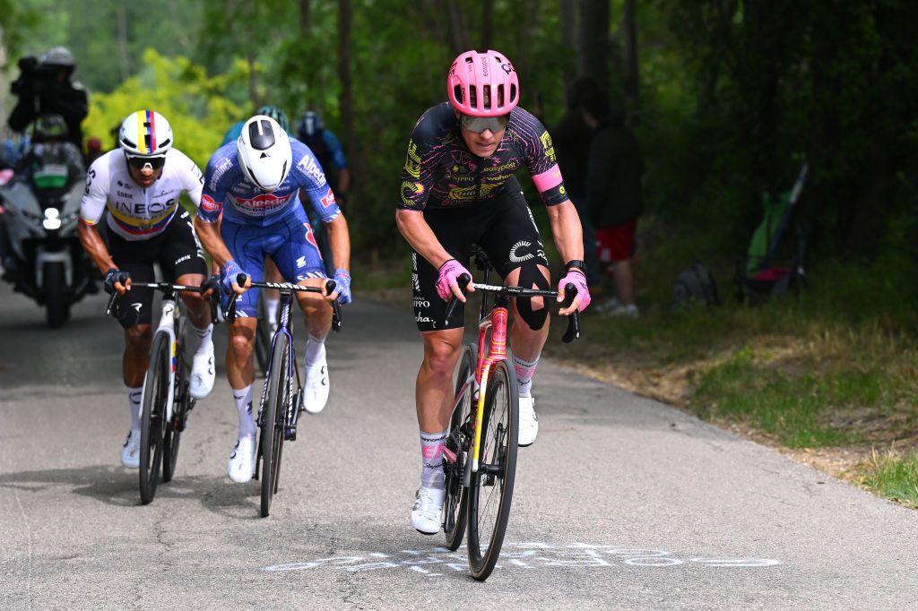 FANO ITALY MAY 16 LR Jhonatan Narvaez of Ecuador and Team INEOS Grenadiers Quinten Hermans of Belgium and Team Alpecin Deceuninck and Michael Valgren of Denmark and Team EF Education EasyPost compete in the chase group during the 107th Giro dItalia 2024 Stage 12 a 193km stage from Martinsicuro to Fano UCIWT on May 16 2024 in Fano Italy Photo by Tim de WaeleGetty Images