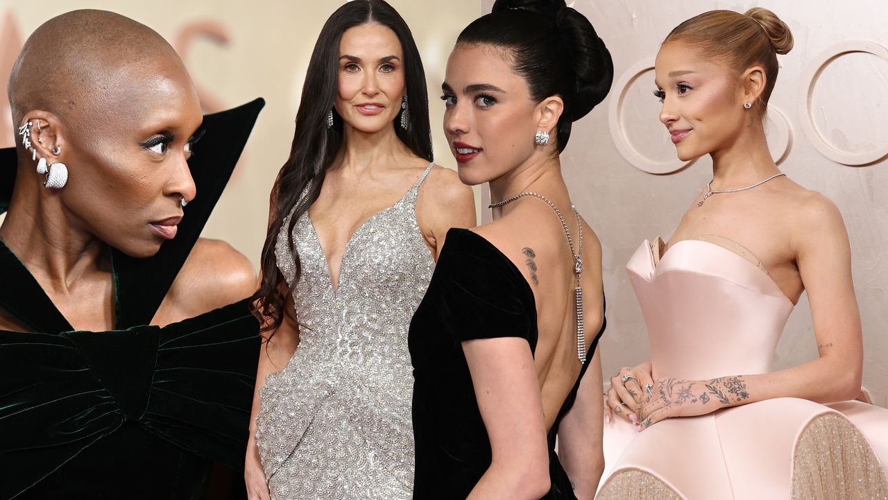 A Marie Claire graphic of Cynthia Erivo, Demi Moore, Margaret Qualley, and Ariana Grande at the 2025 Oscars red carpet