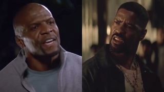 Terry Crews looks concerned in conversation in Brooklyn Nine-Nine, pictured next to Denzel Washington looking angry in his monologue from Training Day.