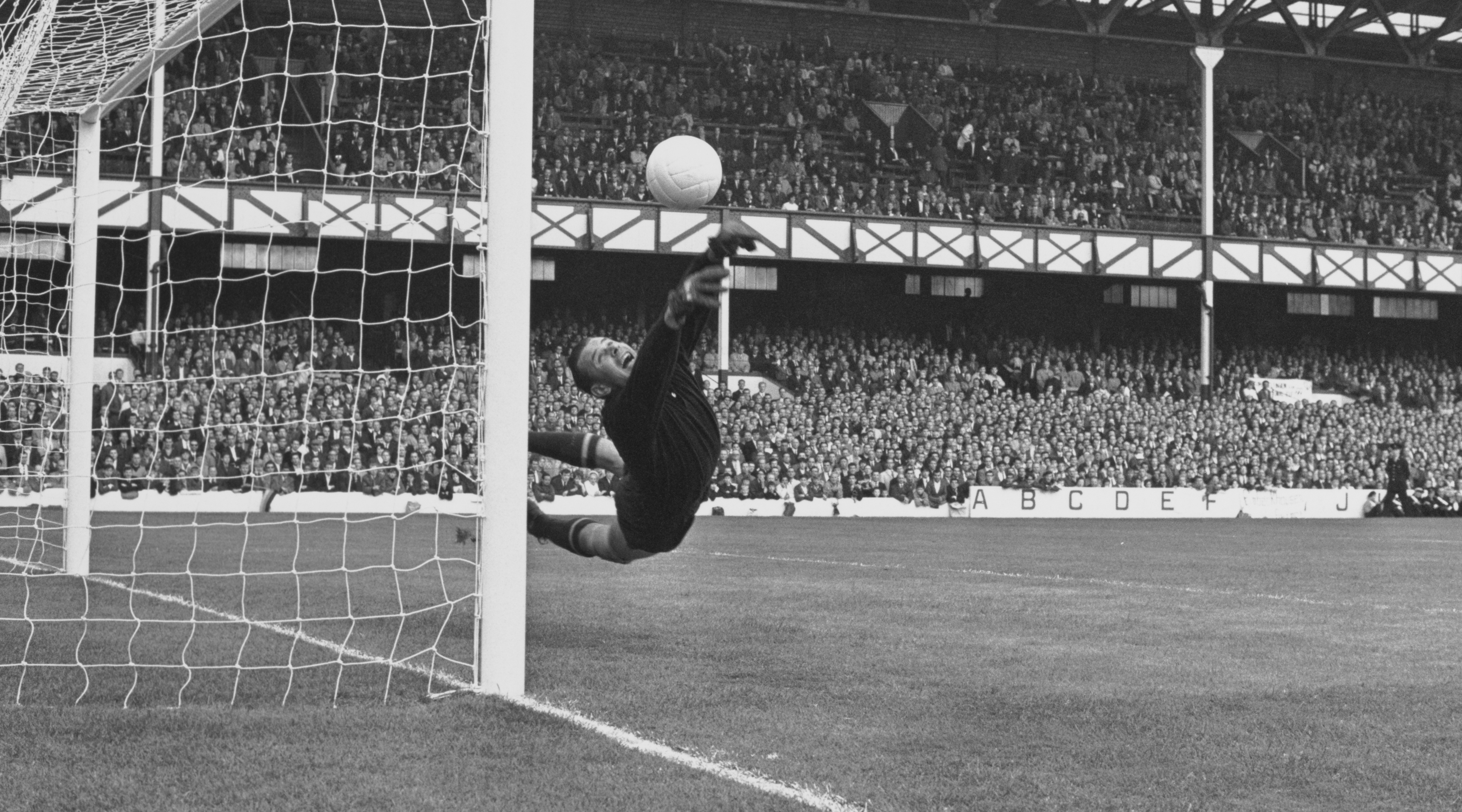 Lev Yashin (1929 - 1990), Goalkeeper for the Soviet Union reaches to make a save during the FIFA World Cup Semi Final match against West Germany on 25th July 1966 at the Goodison Park stadium in Liverpool, England. West Germany won the match 2- 1. (Photo by BIPPA/Central Press/Hulton Archive/Getty Images)