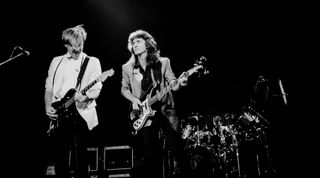 (from left) Alex Lifeson, Geddy Lee, and Neil Peart of Rush perform live in 1982