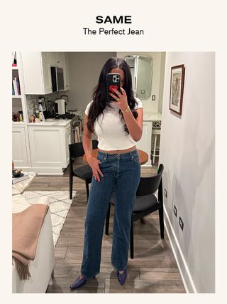 Sierra Mayhew, fashion editor, reviewing jeans.