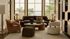 Crate and Barrel x Venus Williams collection in a living room, with earthy tones and curving forms