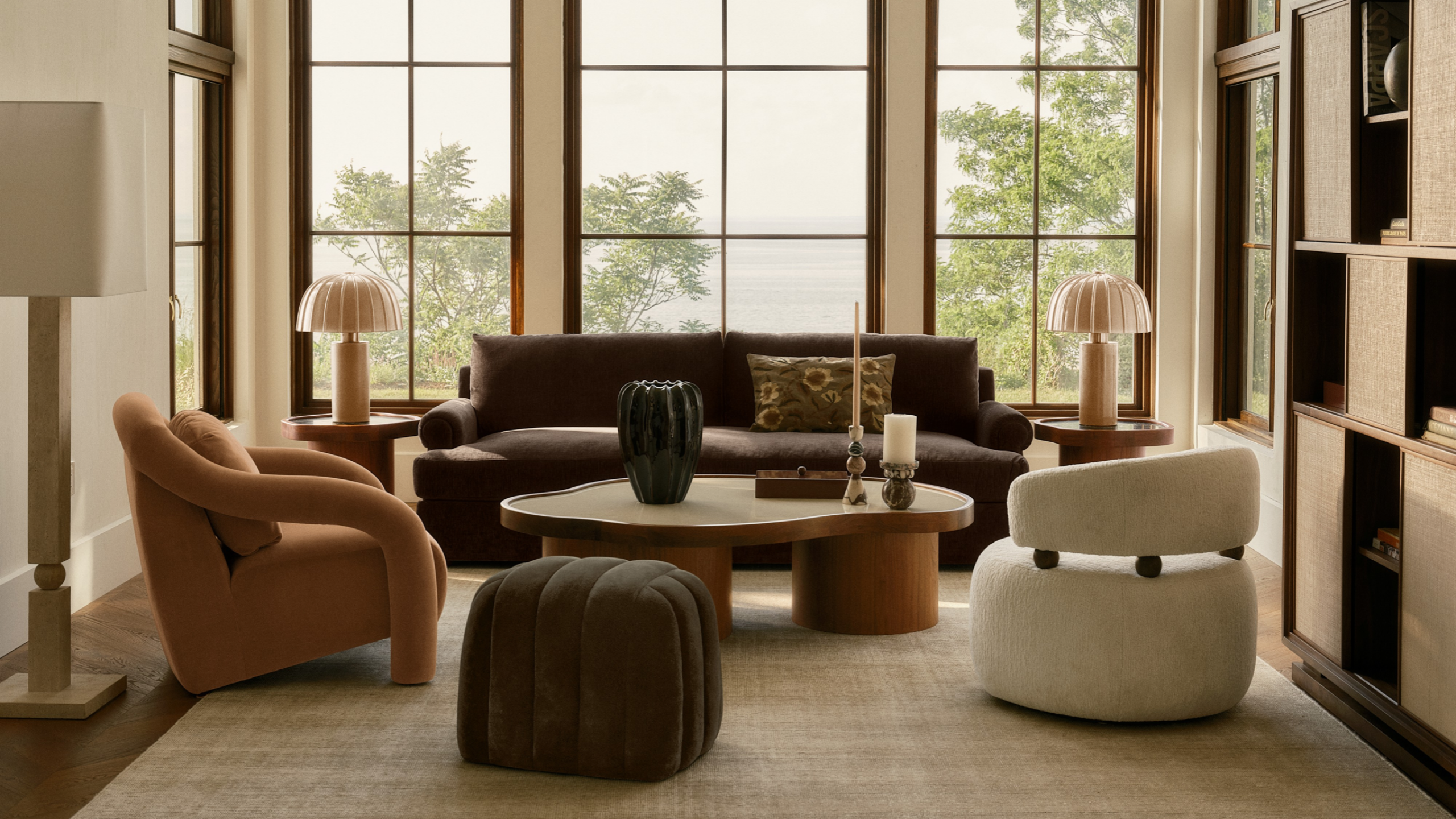 Crate and Barrel x Venus Williams collection in a living room, with earthy tones and curving forms