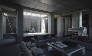 Living area with gray sofa and