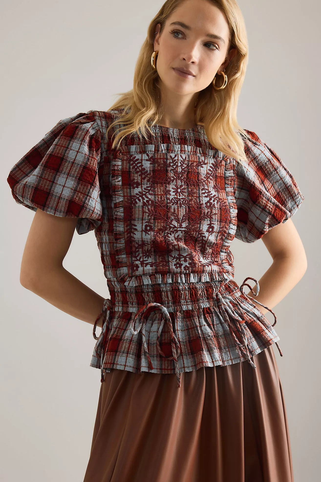 Damson Madder Audrey Puff-Sleeve Check Blouse