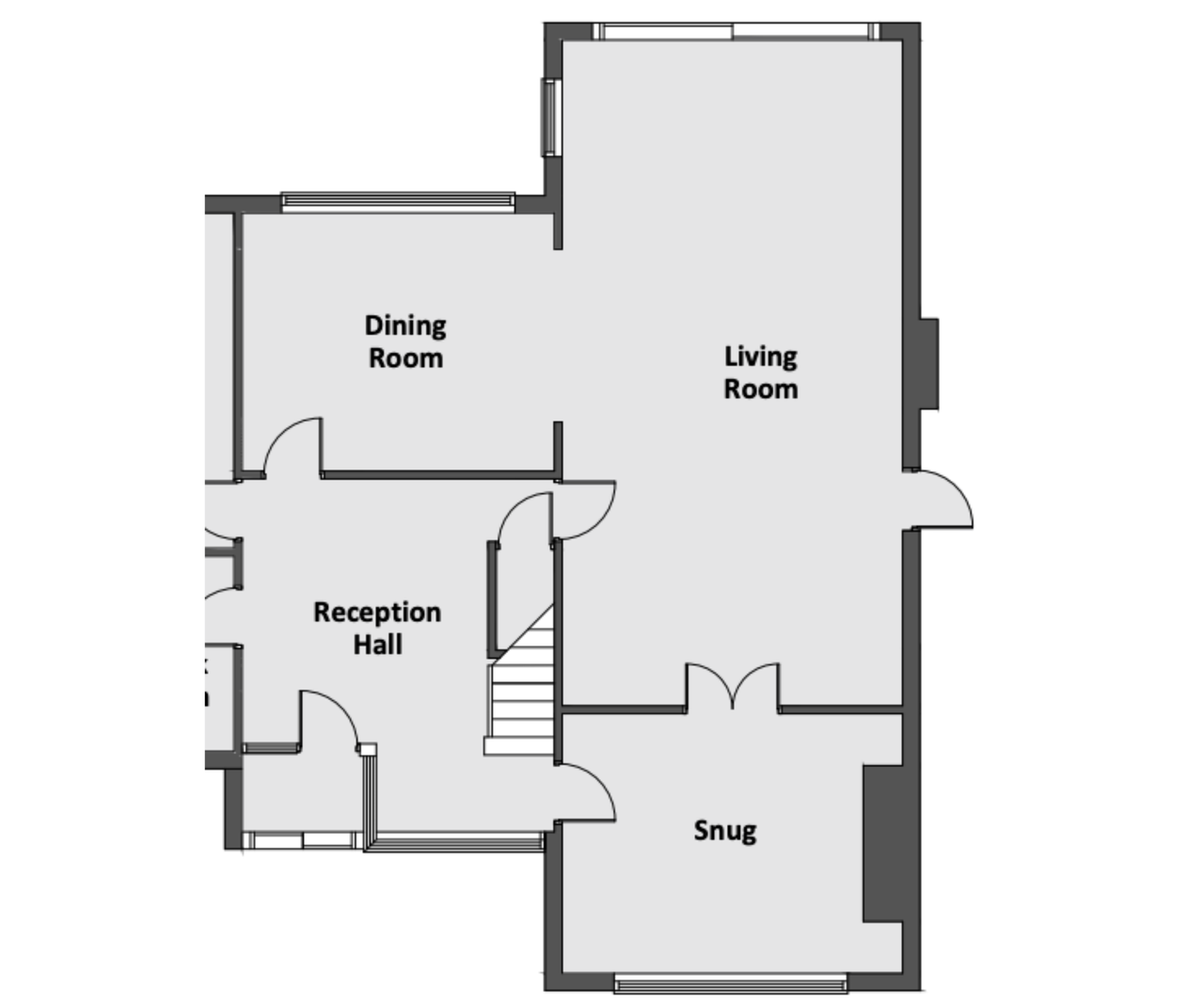 Laura's downstairs floor plan before the reconfiguration, featuring a snug, living room, dining room, and reception hall