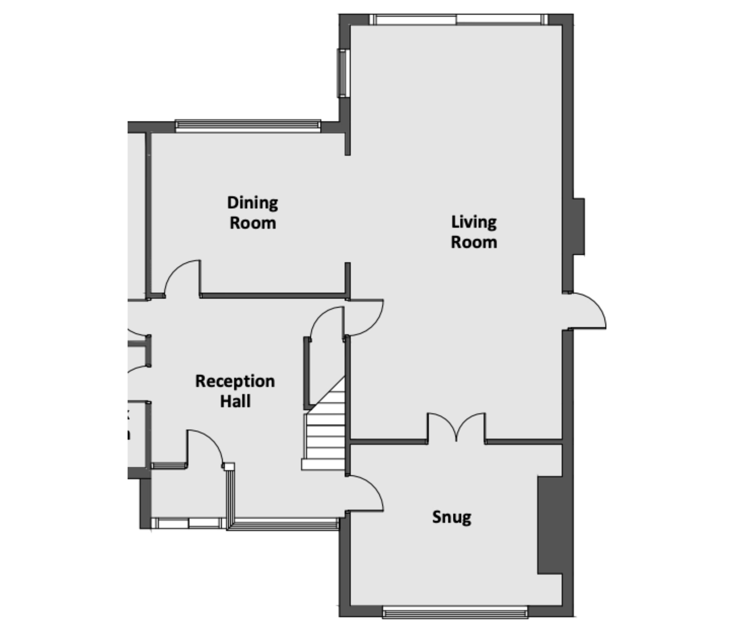 Laura's downstairs floor plan before the reconfiguration, featuring a snug, living room, dining room, and reception hall 