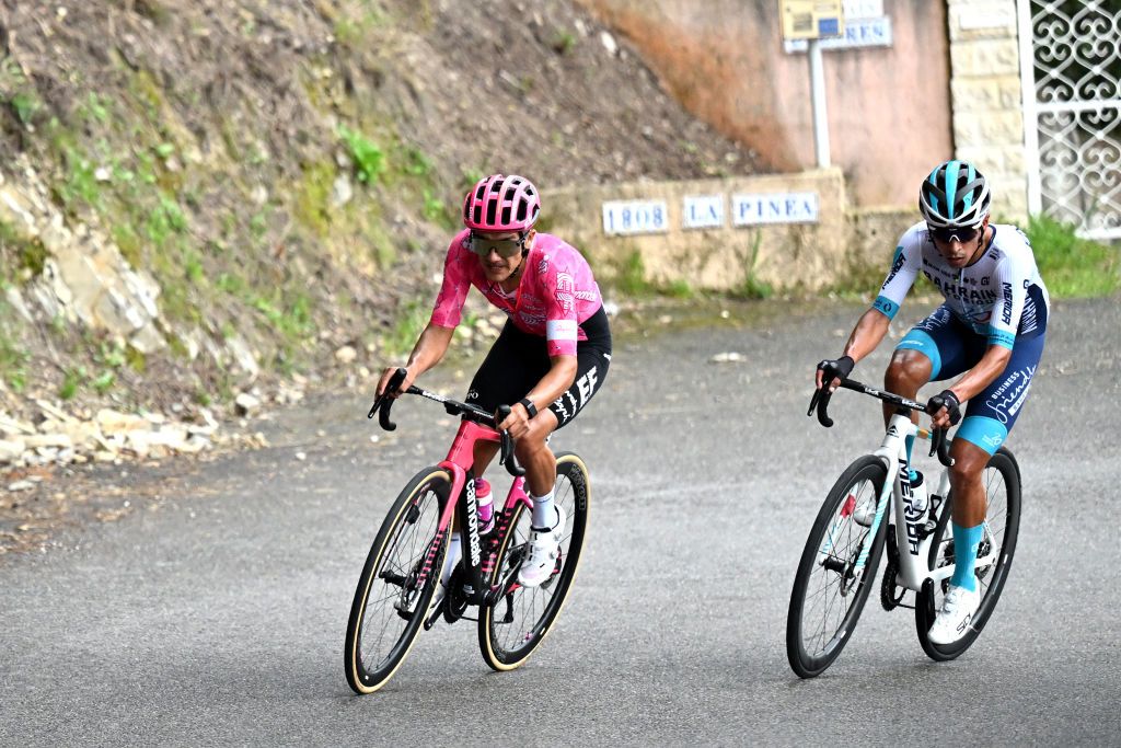 VENCE FRANCE FEBRUARY 23 LR Richard Carapaz of Ecuador and Team EF Education EasyPost and Santiago Buitrago of Colombia and Team Bahrain Victorious compete in the breakaway during the 57th Tour des Alpes Maritimes et du Var 2025 Stage 2 a 1318km stage from VillefranchesurMer to Vence 327m on February 23 2025 in Vence France Photo by Billy CeustersGetty Images