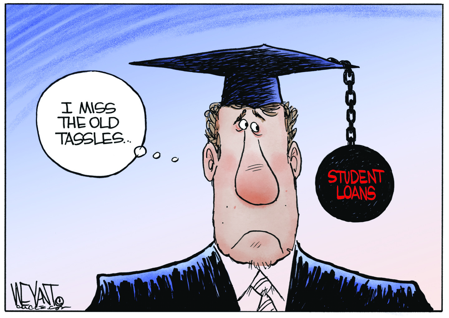 A male graduate in a cap and gown has a heavy black ball labeled "STUDENT LOANS" chained to the top of his graduation cap instead of a tassel. He looks concerned and thinks, "I miss the old tassels..."