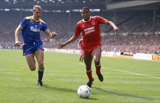 John Barnes in action for Liverpool against Wimbledon in the 1988 FA Cup final at Wembley.