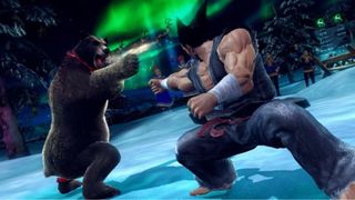 Kuma and Heihachi square up to each other with raised fists.
