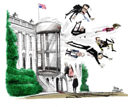 Political cartoon U.S. Trump White House chaos Priebus Scaramucci Yates Comey Flynn