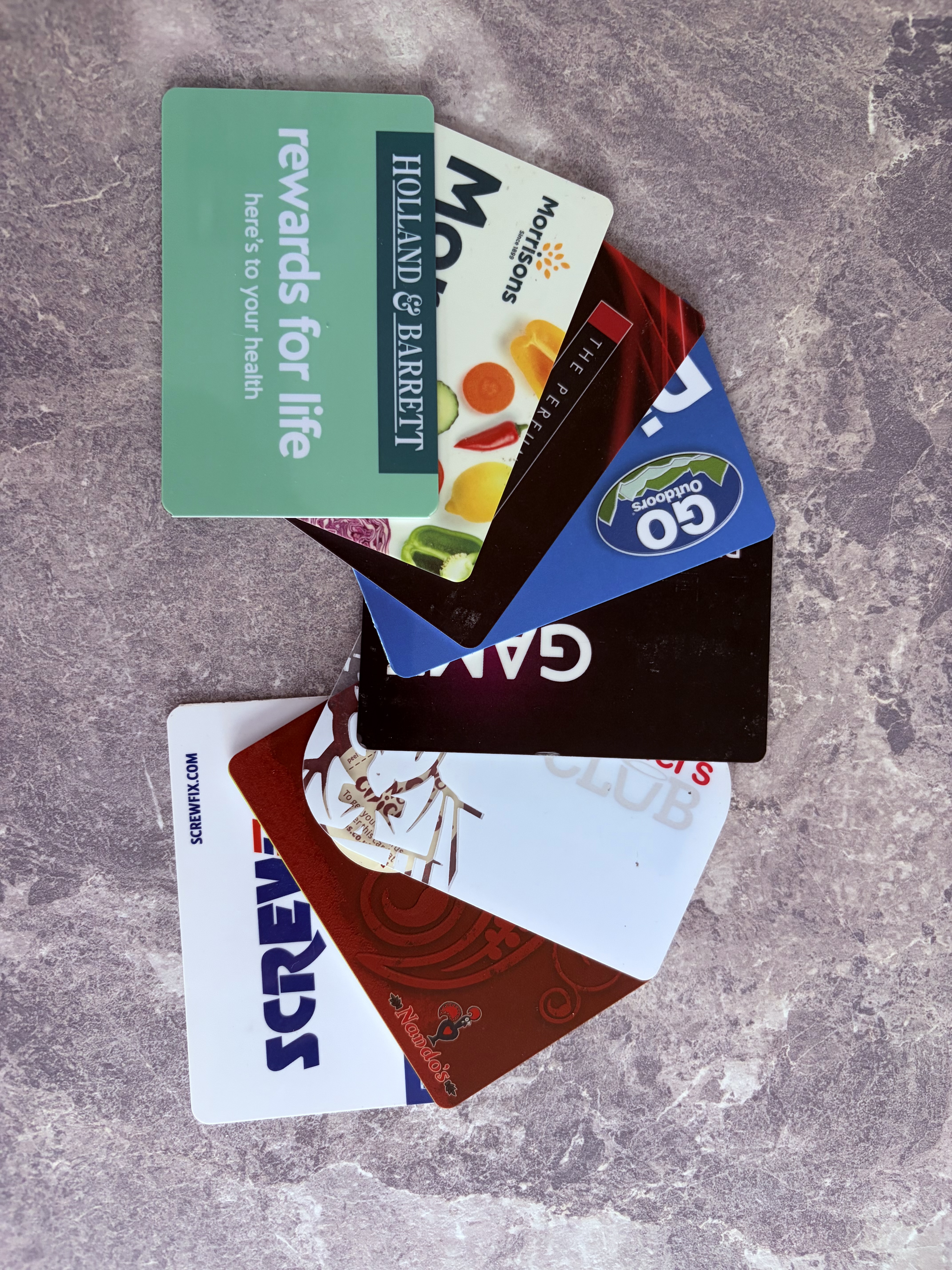 A photo of various rewards cards fanned out 