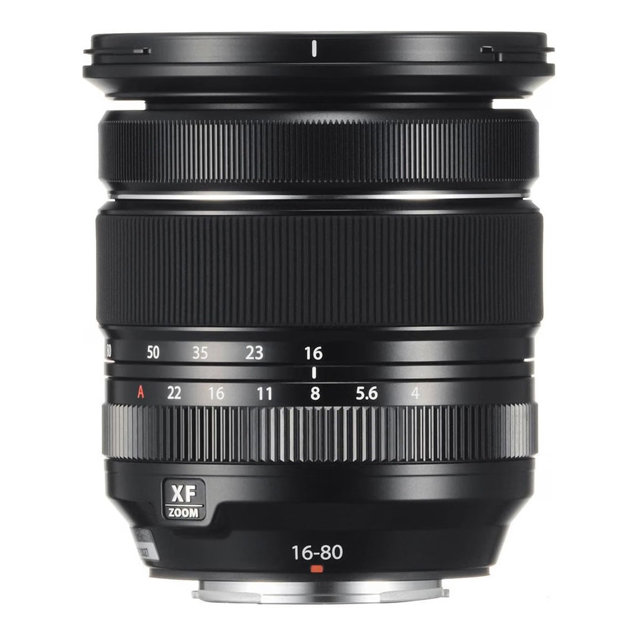 Fujifilm XF 16-80mm F4 R OIS WR lens on a white background
