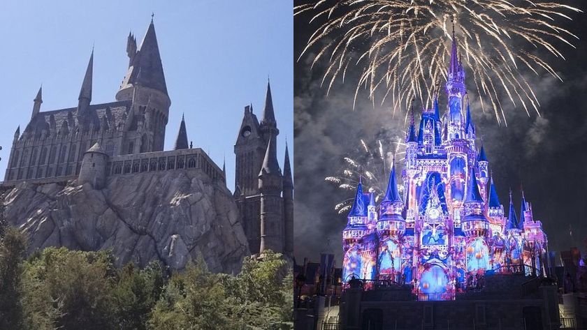 Hogwarts Castle at Universal Islands Of Adventure /Cinderella Castle at Magic Kingdom at night surrounded by fireworks