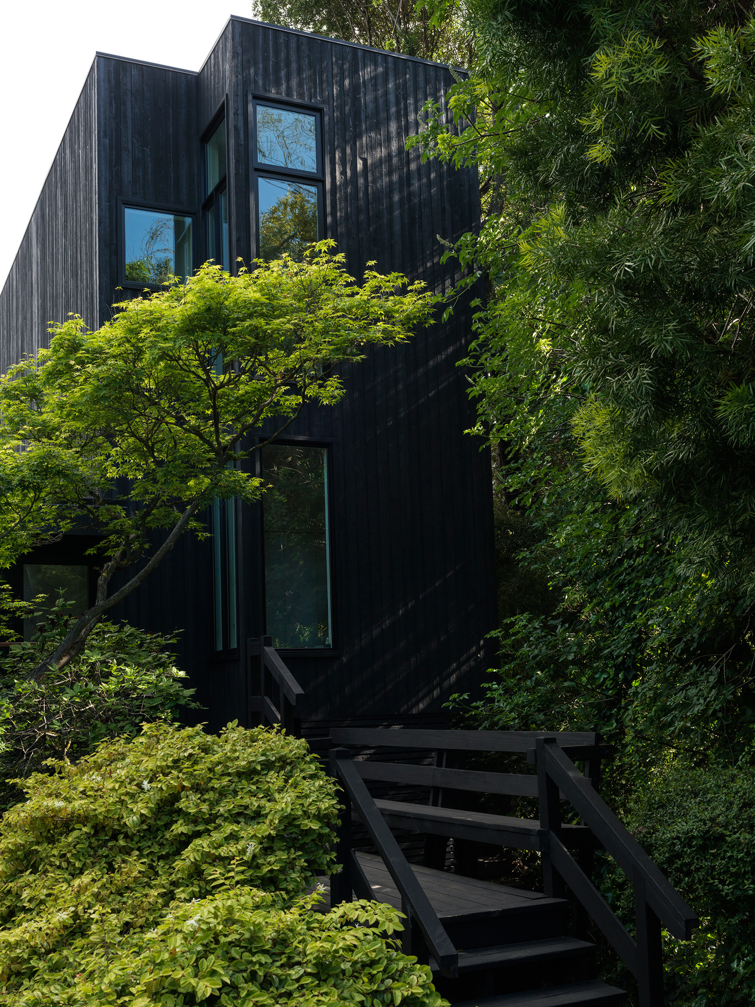 The house is built on a sloping site above a creek