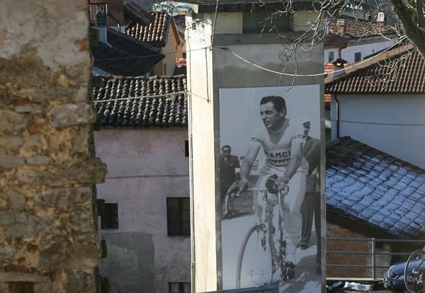 Large images of Fausto Coppi were on view for the 50th anniversary of his death