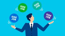 Illustration of businessman juggling multiple colored circles that say "side job"