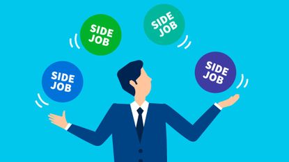 Illustration of businessman juggling multiple colored circles that say "side job"