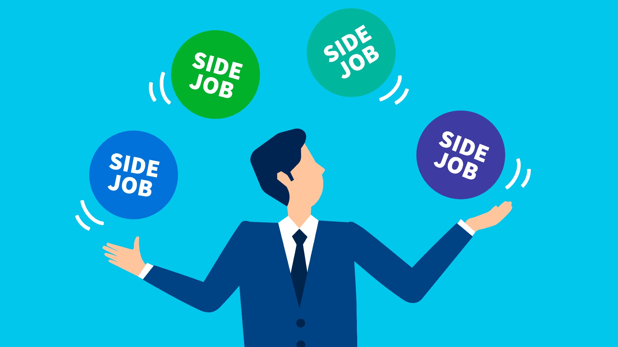 Illustration of businessman juggling multiple colored circles that say "side job"