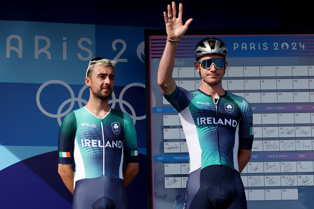 PARIS FRANCE AUGUST 03 Ben Healy and Ryan Mullen of Team Ireland prior to the Mens Road Race on day eight of the Olympic Games Paris 2024 at trocadero on August 03 2024 in Paris France Photo by Tim de WaeleGetty Images