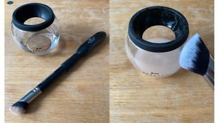 Two images showing the STYLPRO tool filled with clear liquid and a brush ready to clean (left) and the dirty liquid with the clean brush (right)